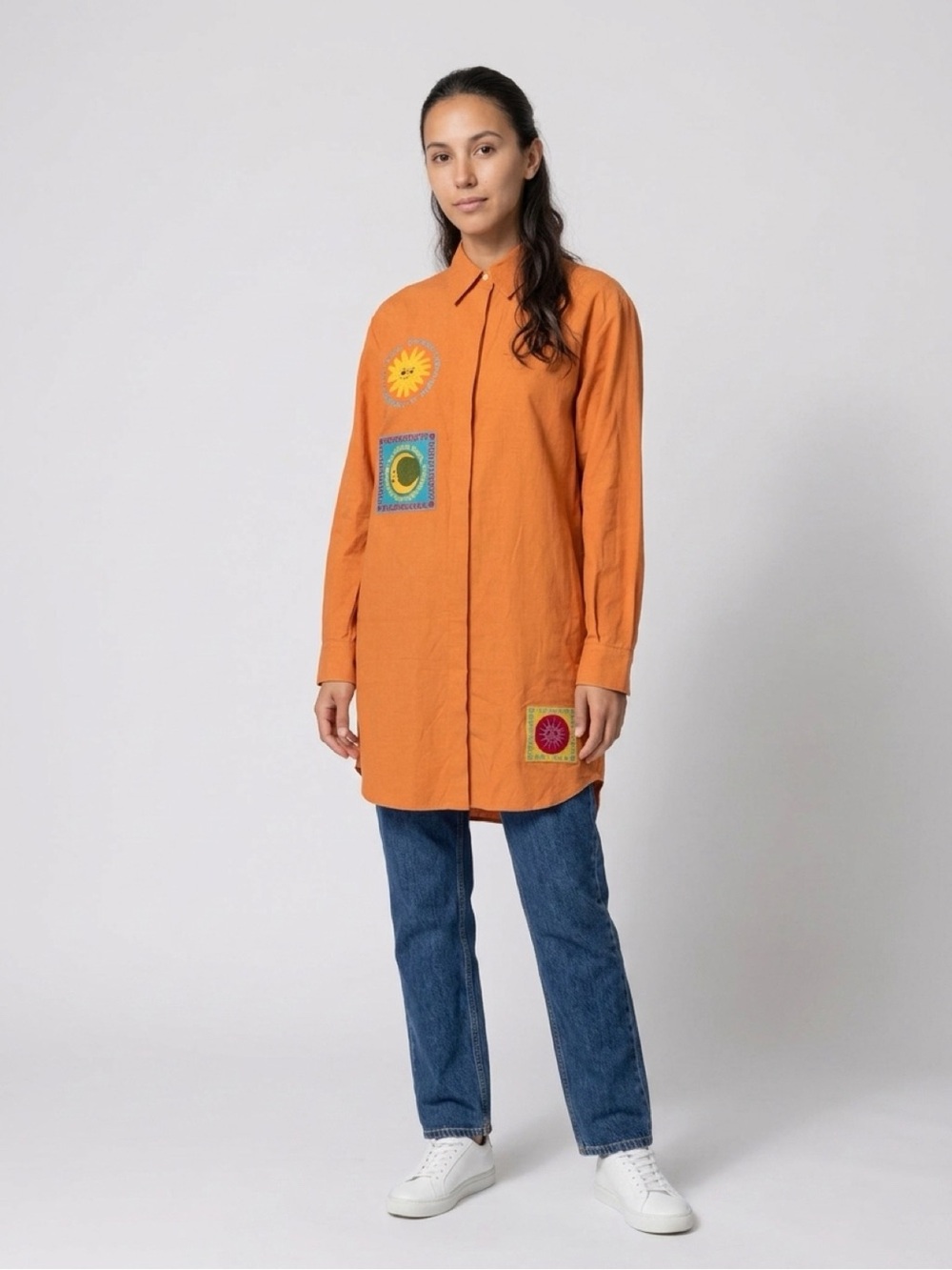 Unique Acne Studio hemp cotton orange embroidered Shirt Dress M